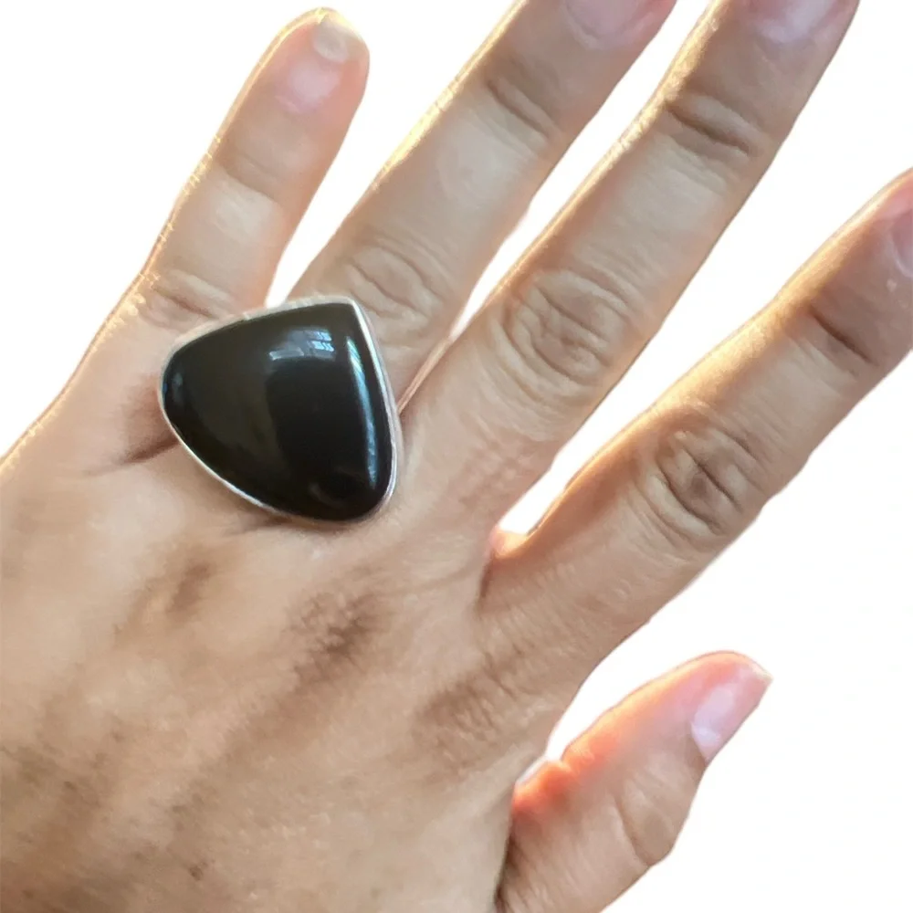 Black Onyx Sterling Silver Ring, Size 6, Lab Created Black Onyx